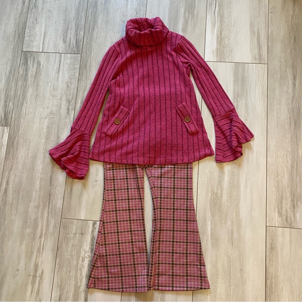 Bonnie Jean Raspberry Sweater and Tweed Patterned Flare Pants Set, girls 7